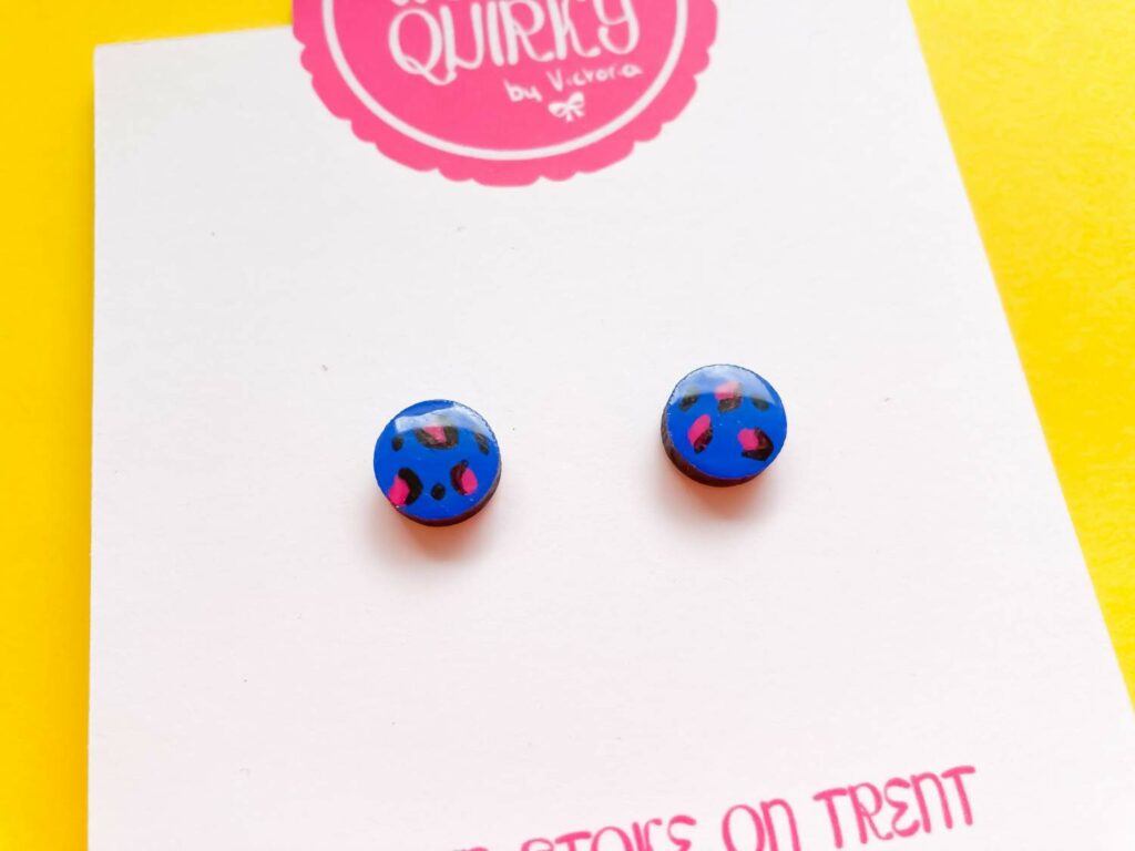 Blue and Pink Leopard Print Stud Earrings