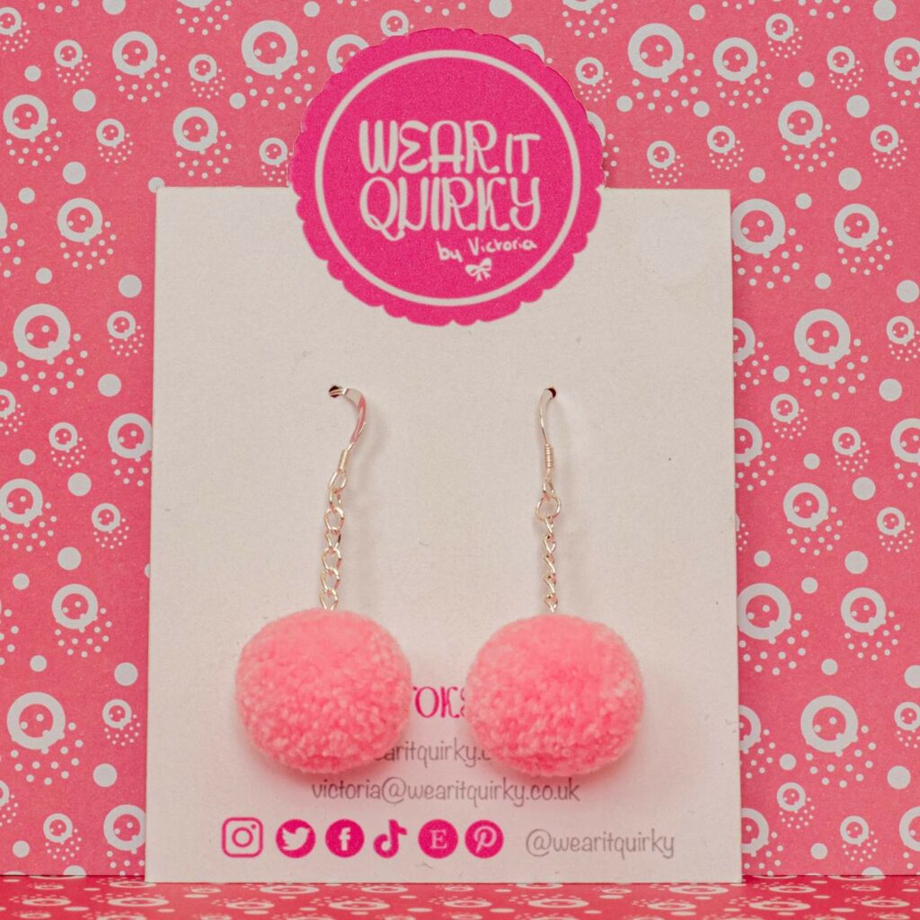 Pink Pom Pom Earrings Scrunchie