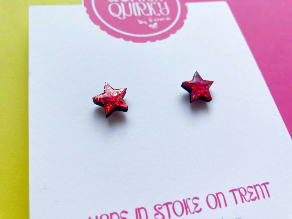 Red Glitter Star Stud Heart Earrings