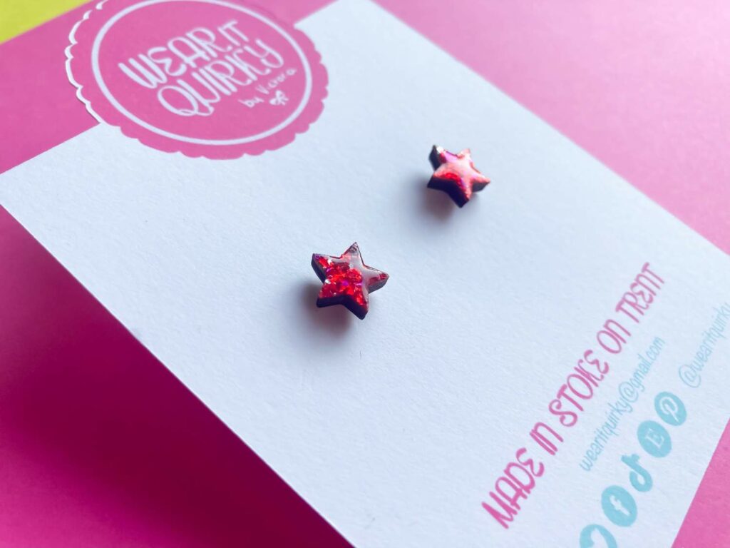 Red Glitter Star Stud Heart Earrings