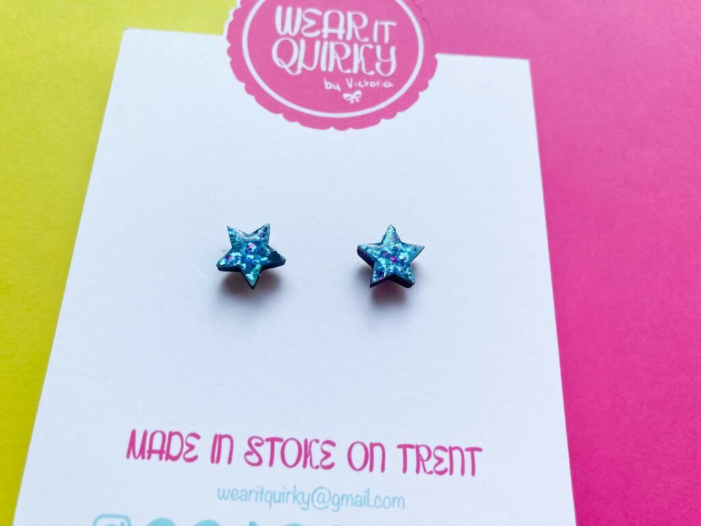 Blue Glitter Star Stud Hearts - Mini with stainless steel posts