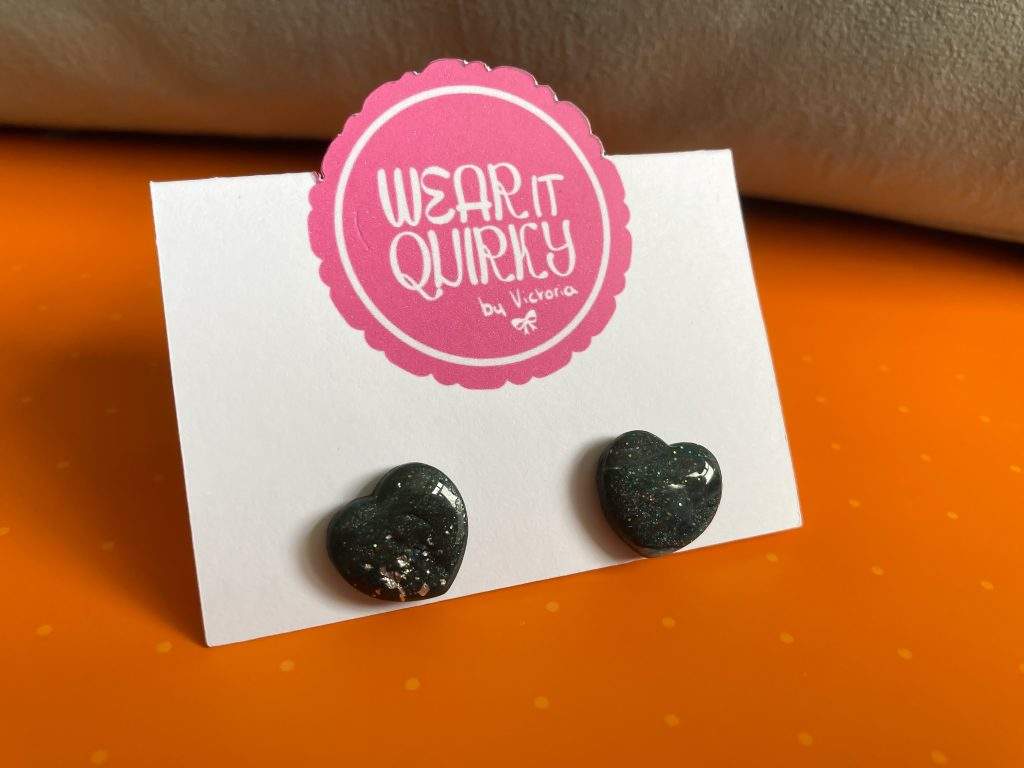 Black Glitter Heart Studs