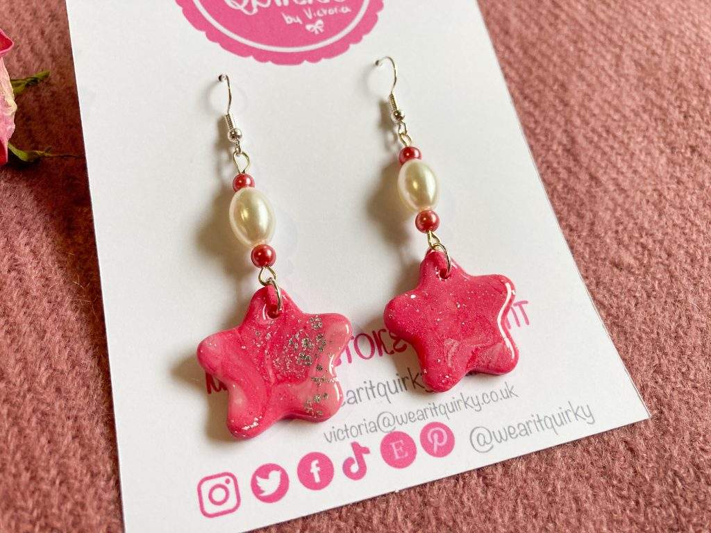 Pink Star Beaded Charm Dangle Earrings