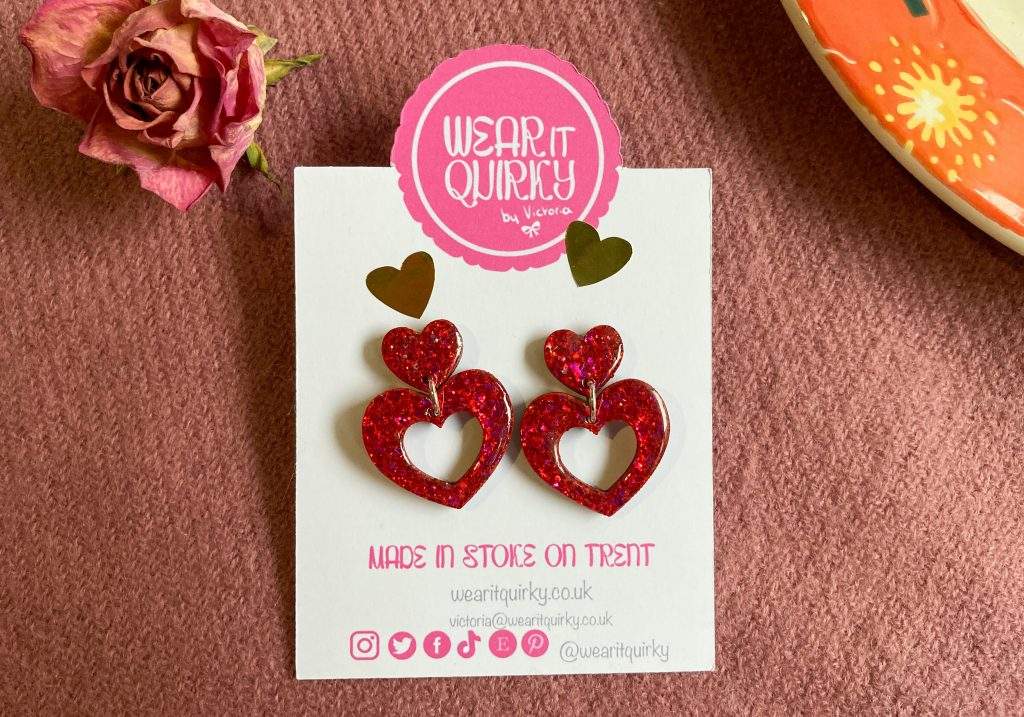 Red Glitter Double Heart Studs