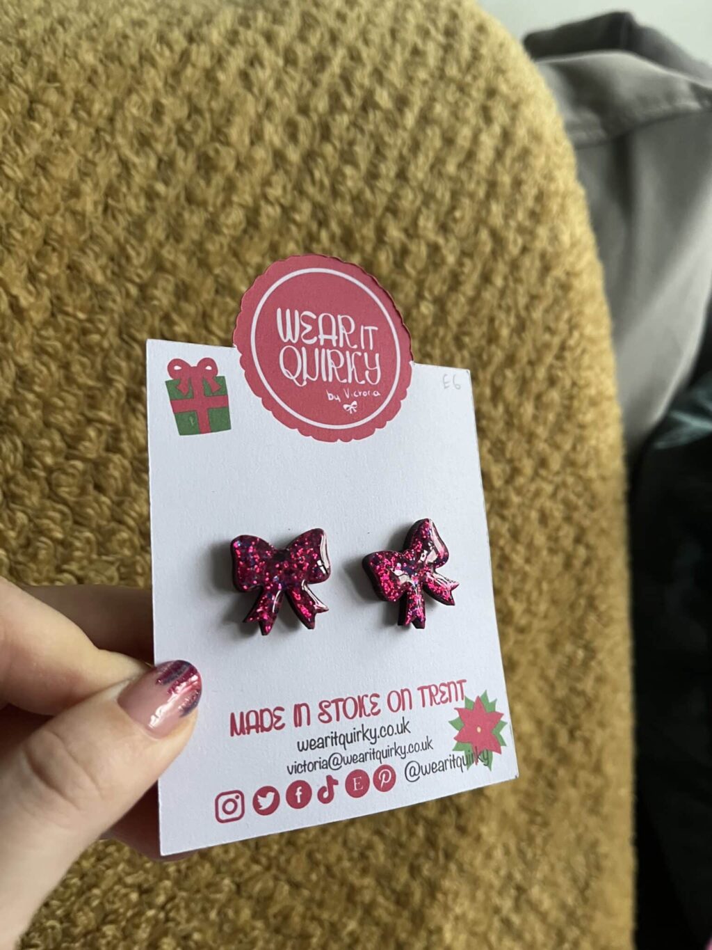 Pink Glitter Bow Stud Earrings