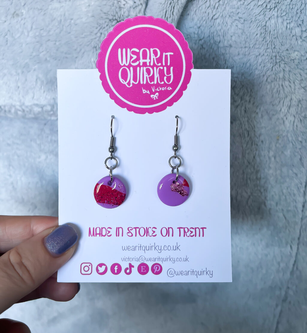 purple and red circle dangle earrings