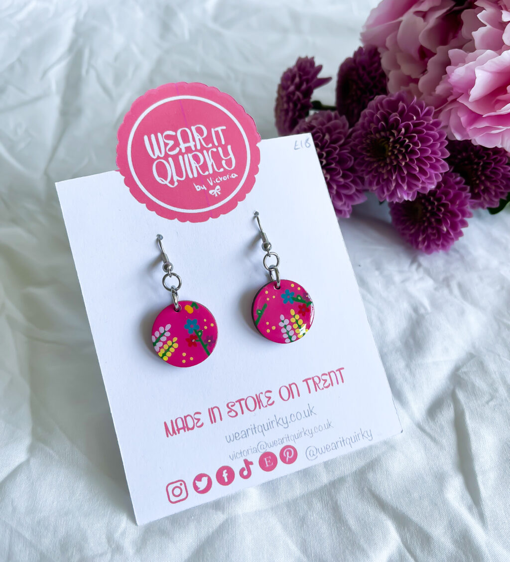 Hot Pink Floral Circle Earrings