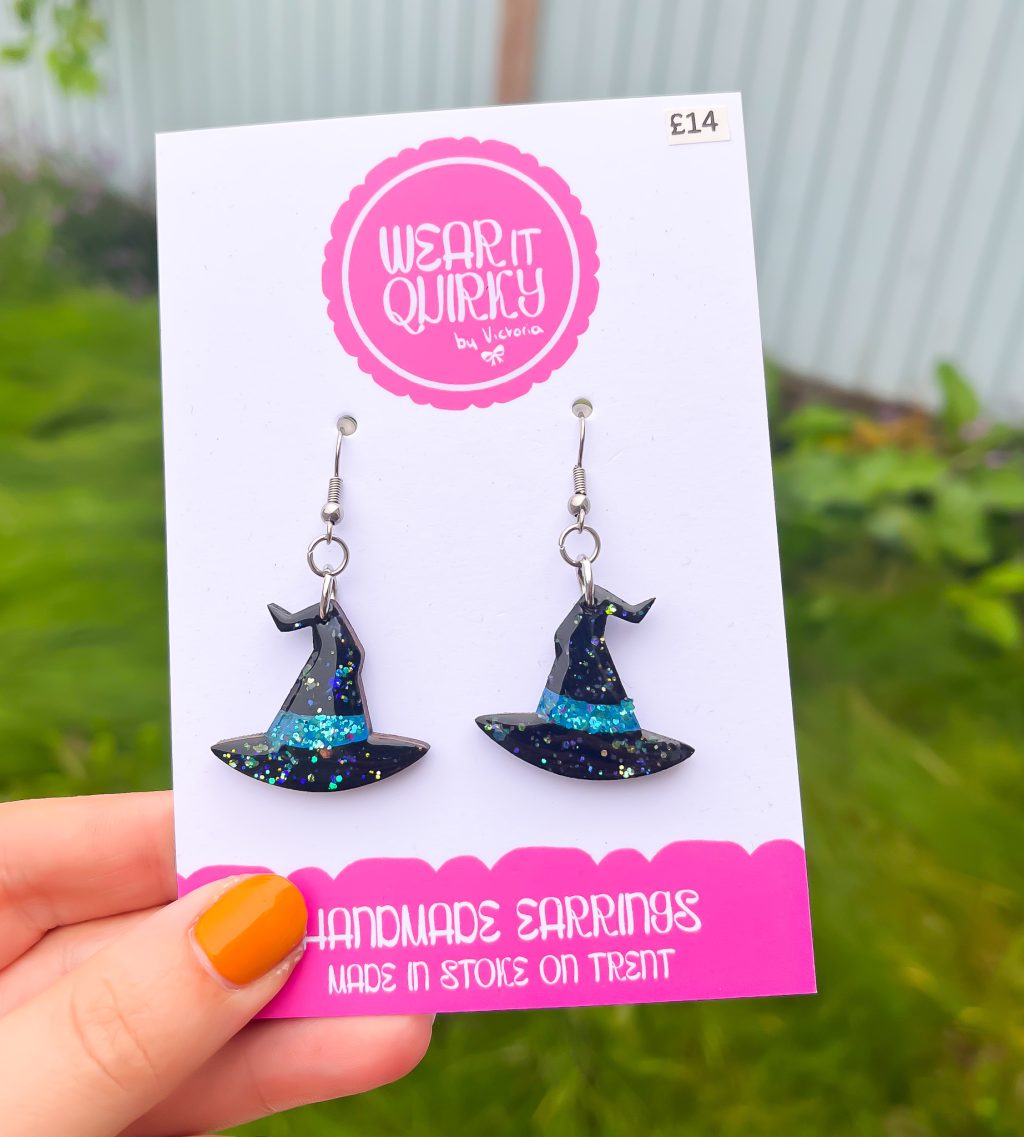 Wooden Witch Hat Earrings with Blue Glitter