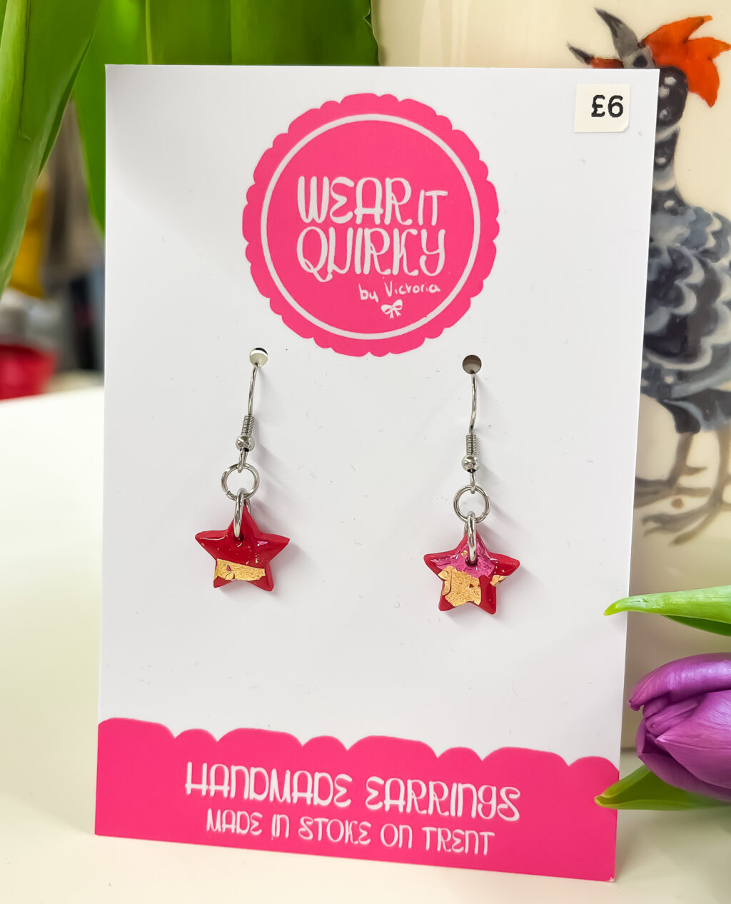Red and Gold Star Dangle Earrings
