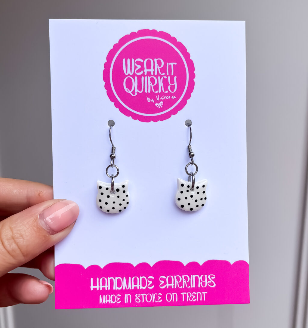 Spotty Monochrome Cat Dangle Earrings