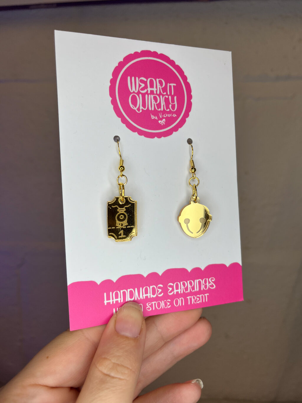 Gold Bell and Train Ticket Charm Earrings