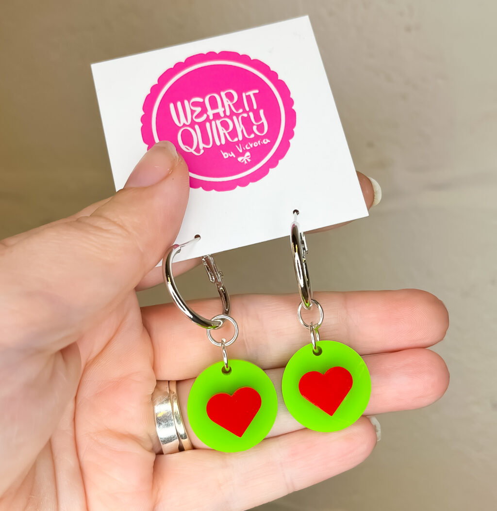 Green and Red Heart Dangle Earrings