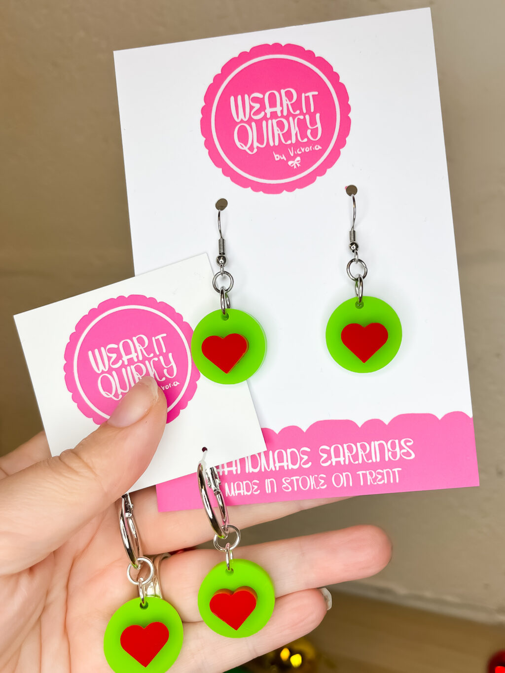 Green and Red Heart Dangle Earrings