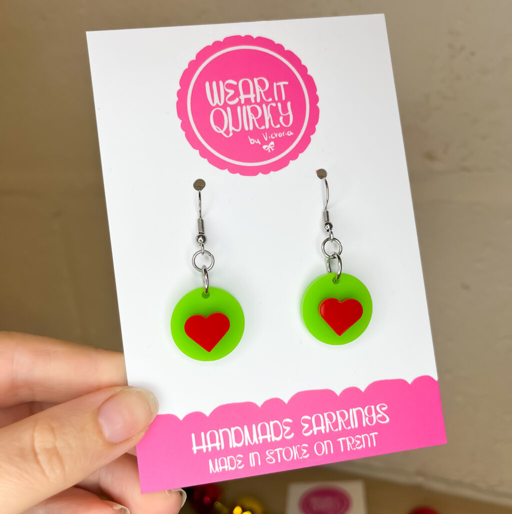 Green and Red Heart Dangle Earrings