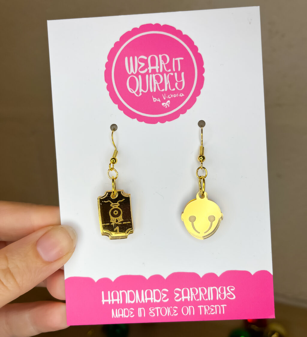 Gold Bell and Train Ticket Charm Earrings