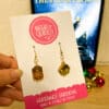 Gold Bell and Train Ticket Charm Earrings