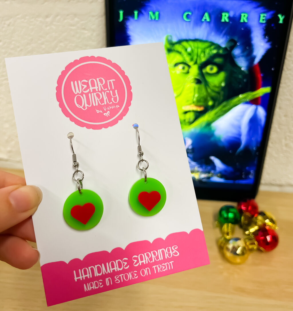 Green and Red Heart Dangle Earrings