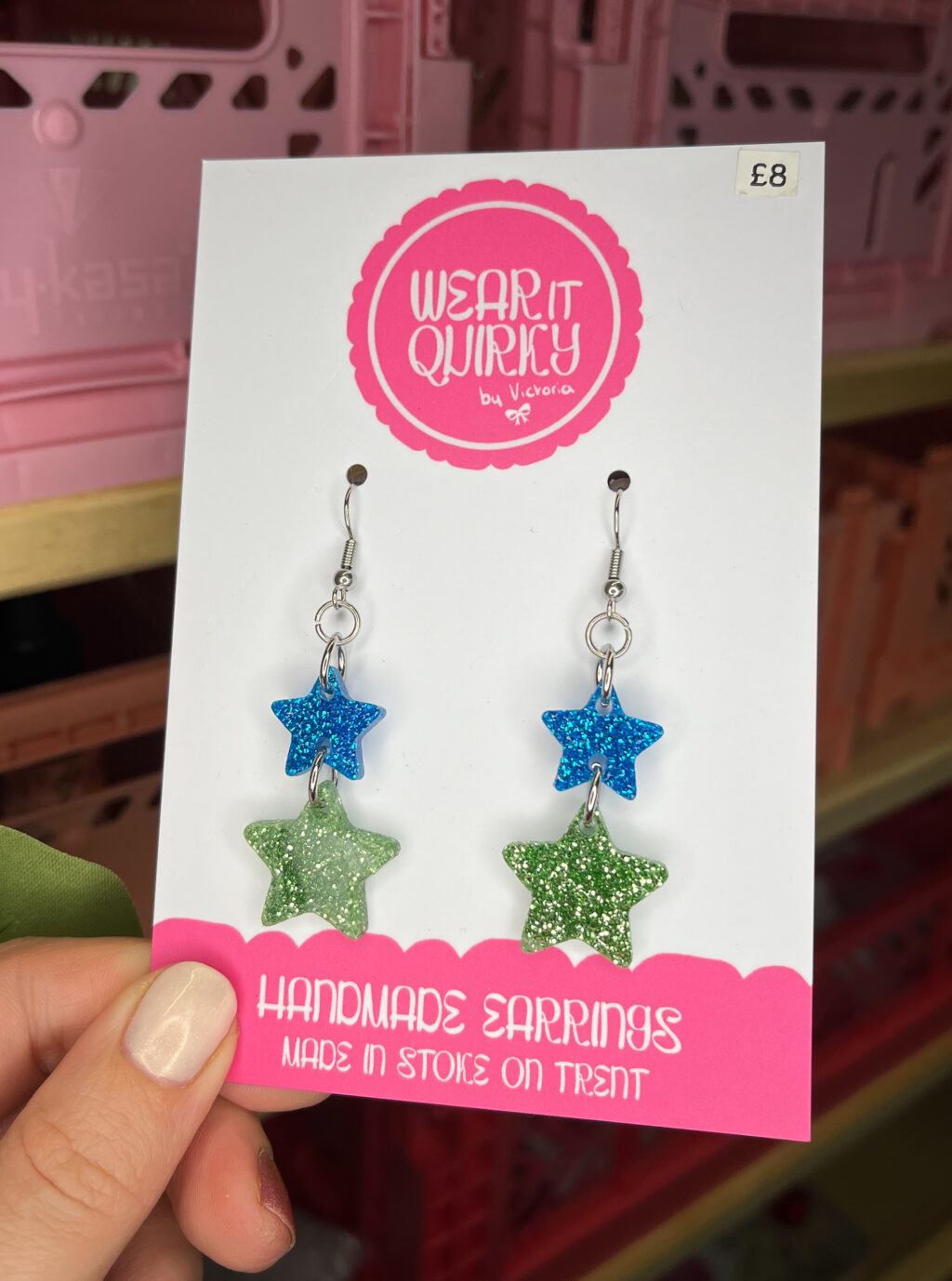 Blue and Green Glitter Star Dangle Earrings