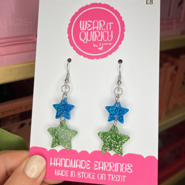 Blue and Green Glitter Star Dangle Earrings