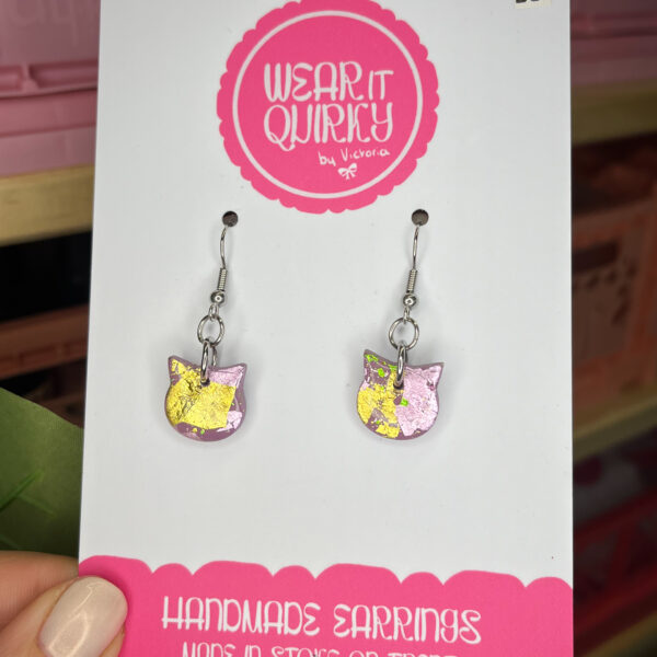 Purple and Gold Cat Dangle Earrings