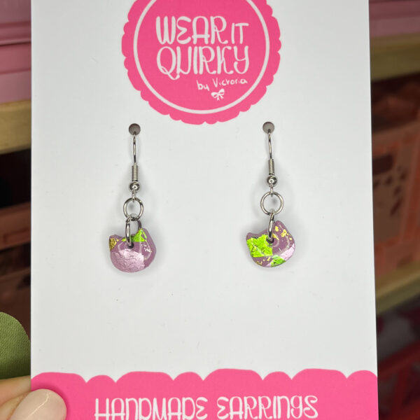 Micro Purple Cat Head Dangle Earrings