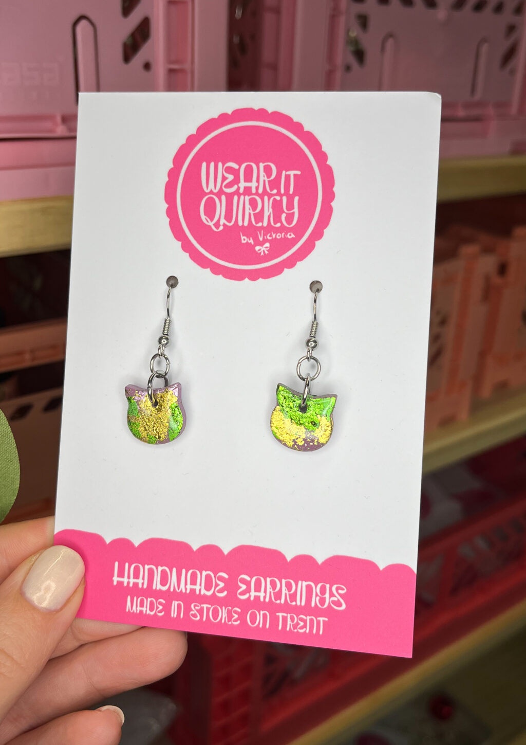 Gold and Green Cat Dangle Earrings