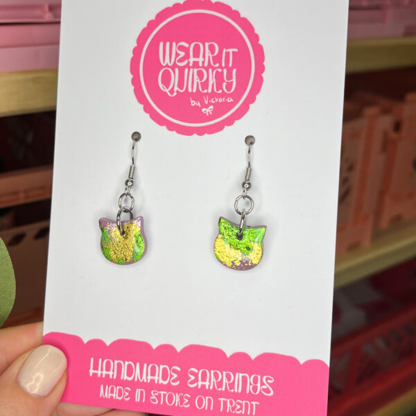 Gold and Green Cat Dangle Earrings