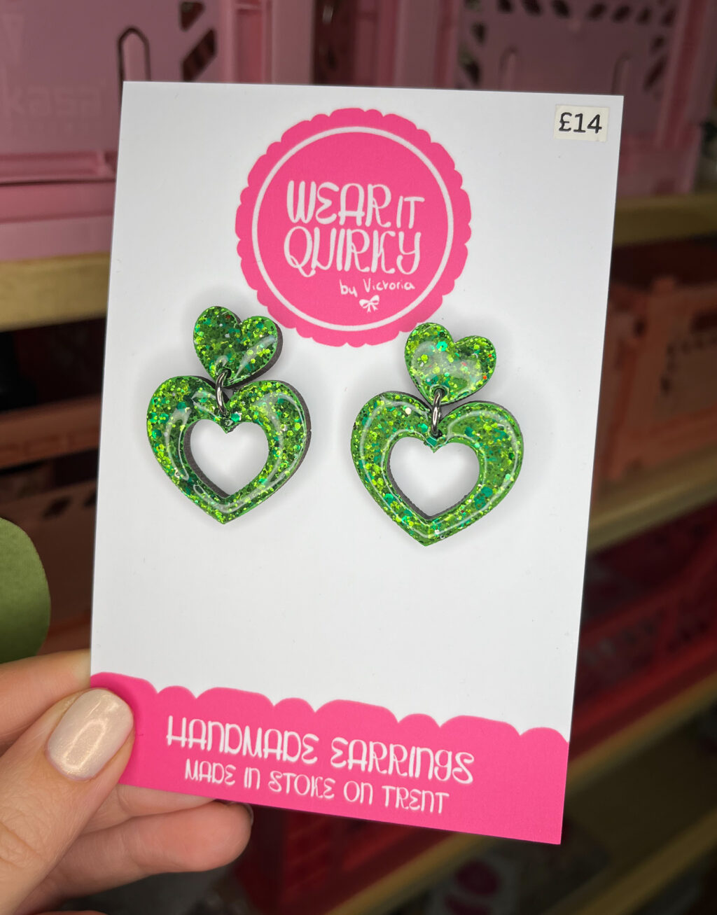 Green Glitter Double Heart Studs