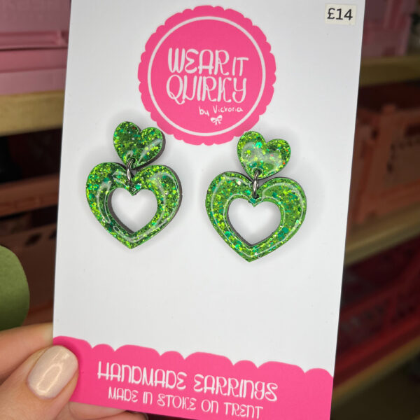 Green Glitter Double Heart Studs