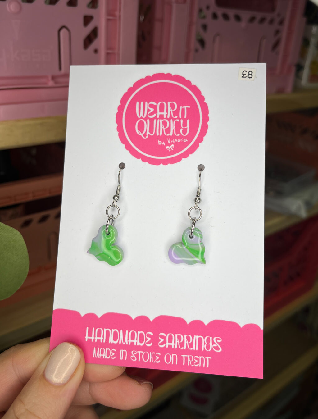 Purple and Green Heart Dangle Earrings