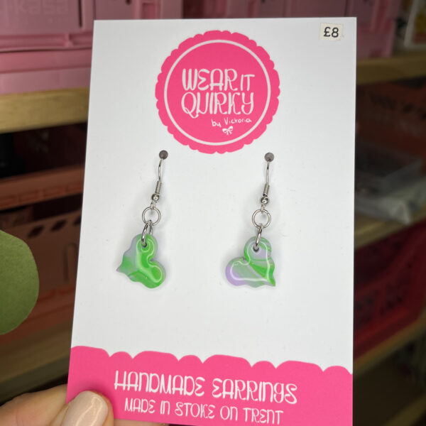 Purple and Green Heart Dangle Earrings