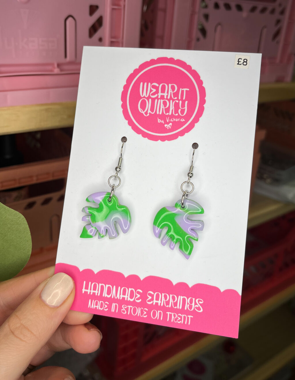 Green and Purple Monstera Dangle Earrings