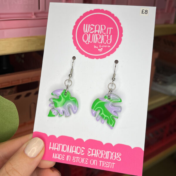 Green and Purple Monstera Dangle Earrings