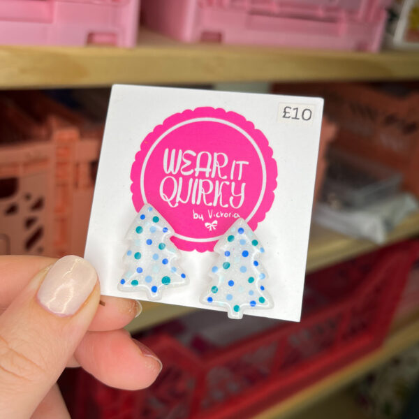 Blue Spotty Christmas Tree Stud Earrings