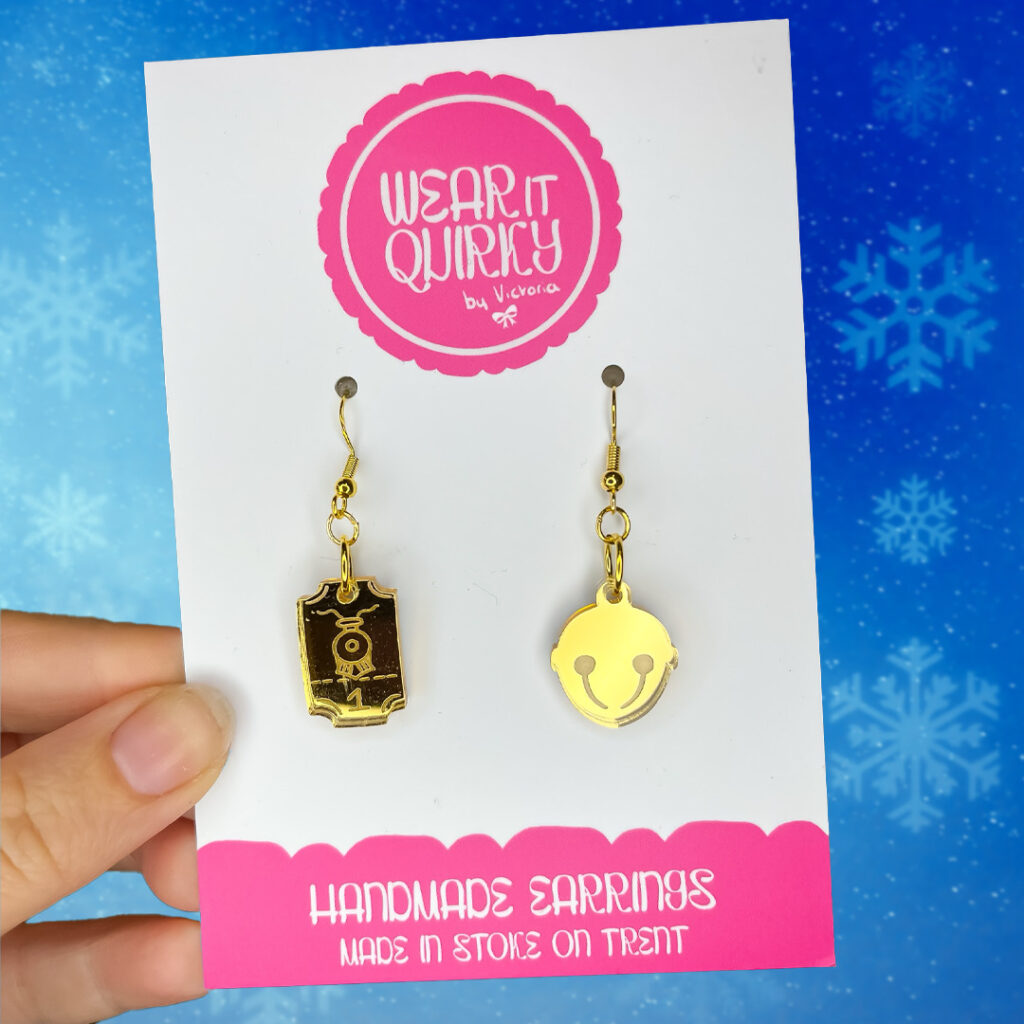 Gold Bell and Train Ticket Charm Earrings