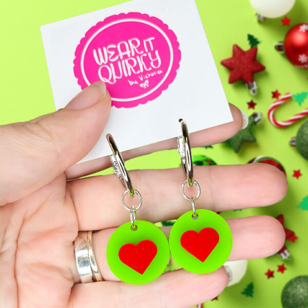 Green and Red Heart Dangle Earrings