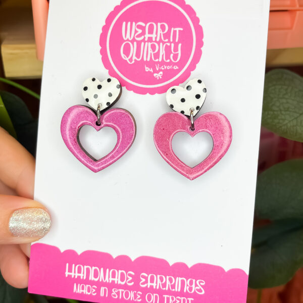 Polka Dot Pink Heart Studs