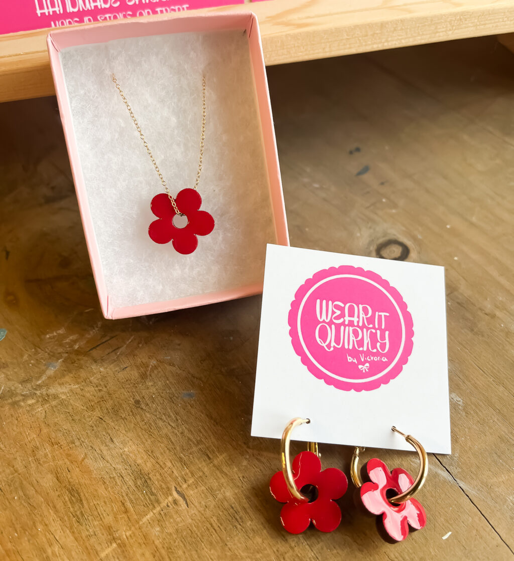 Raspberry Red Flower Hoops + Necklace