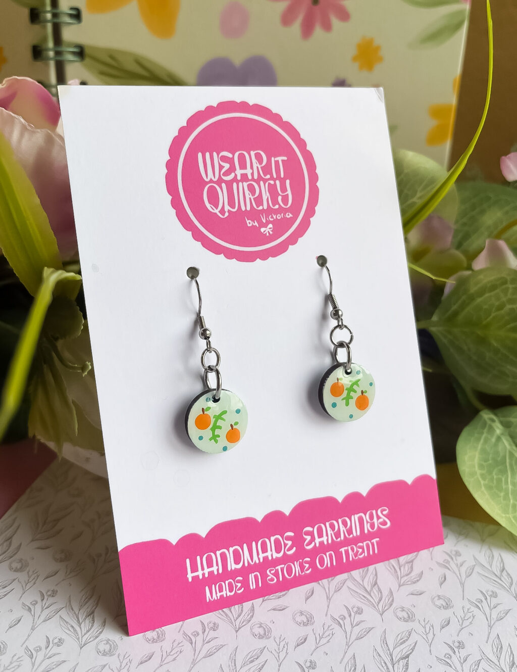 Orange Design on Circles Dangle Earrings