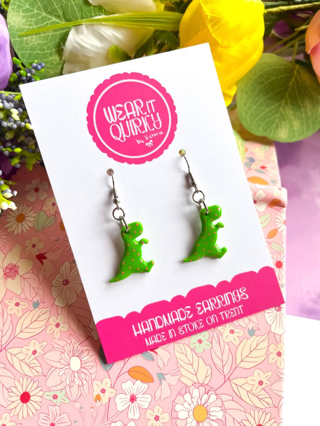 Green Dinosaur Dangle Earrings