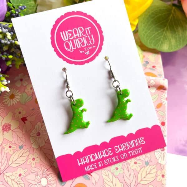 Green Dinosaur Dangle Earrings
