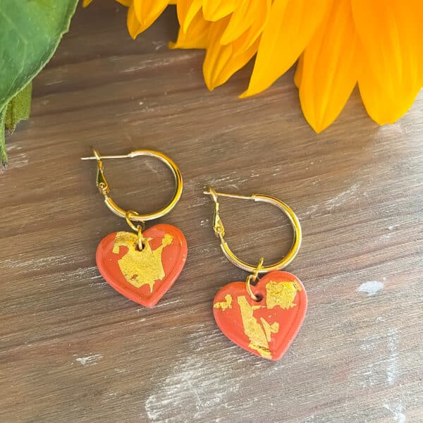 Orange and Gold Heart Dangle Earrings