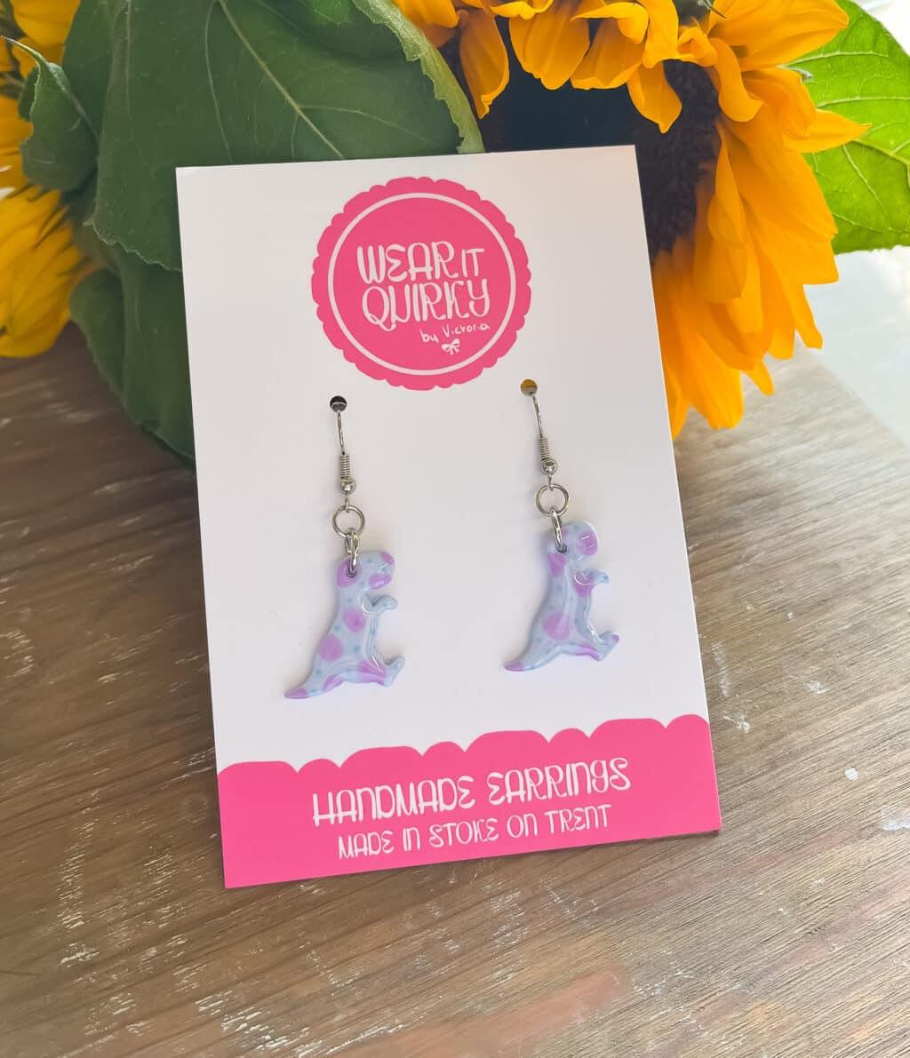 Spotty Purple Dinosaur Dangle Earrings