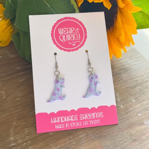 Spotty Purple Dinosaur Dangle Earrings