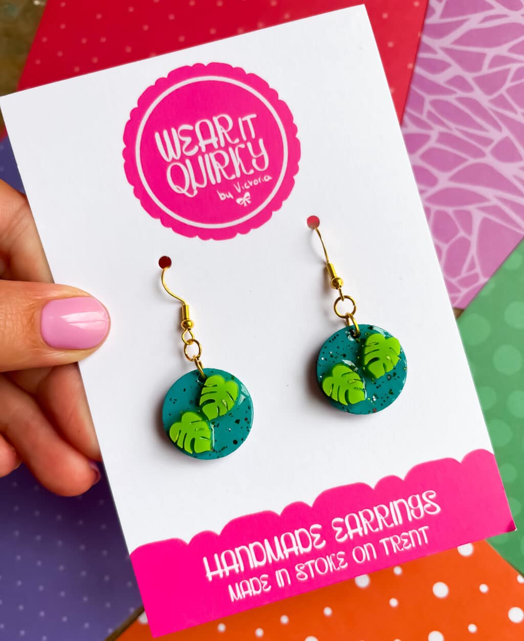 Monstera Glitter Dangle Earrings