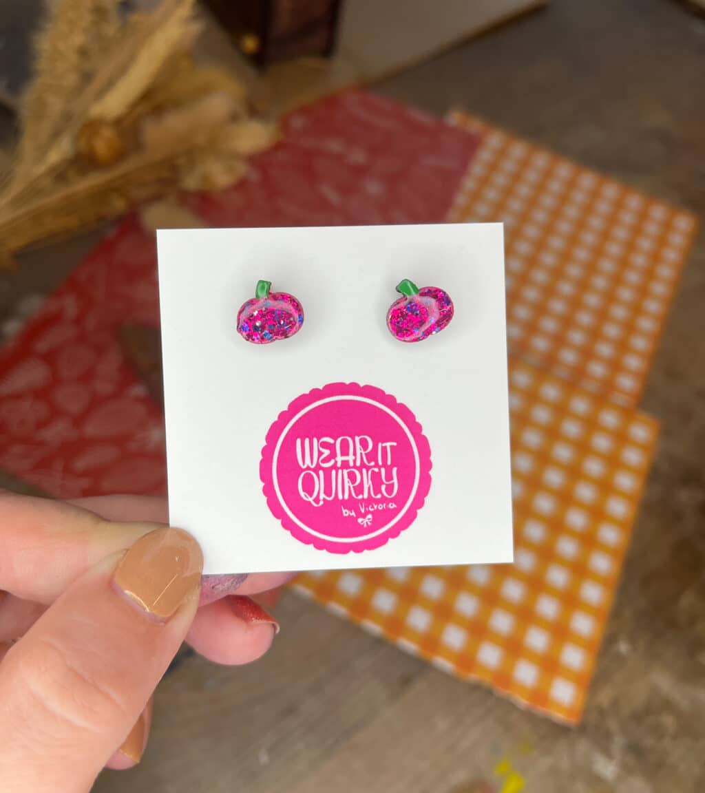 Glitter Pink Pumpkin Stud Earrings