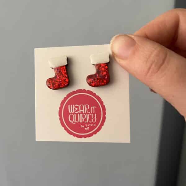 Red Glitter Stocking Stud Earrings